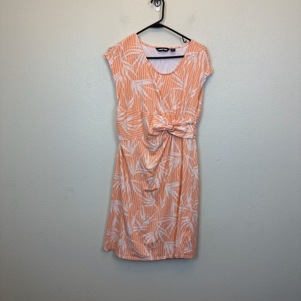 Lands End Womens Medium Ruched Floral Tropical Faux Wrap Dress Fit Flare Orange
